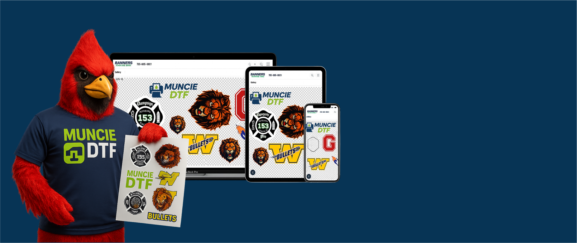 Person wearing a red hood with a logo, holding a product with Muncie DTF branding, and various devices displaying Muncie DTF logos on a blue background.