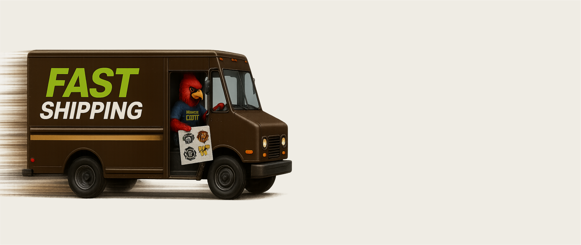 Brown delivery truck with 'Fast Shipping' text on a white background